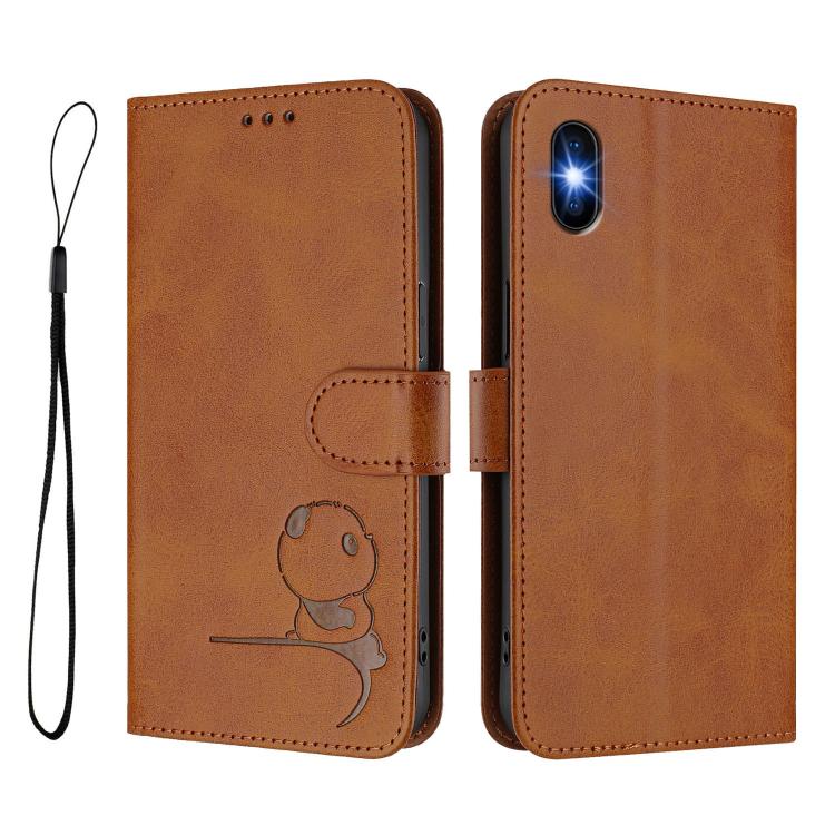 For iPhone X / XS Litter Panda Embossing RFID Leather Phone Case with Lanyard