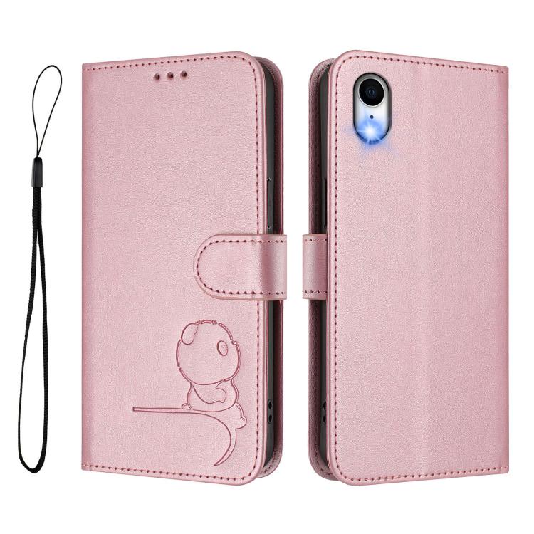 For iPhone XR Litter Panda Embossing RFID Leather Phone Case with Lanyard