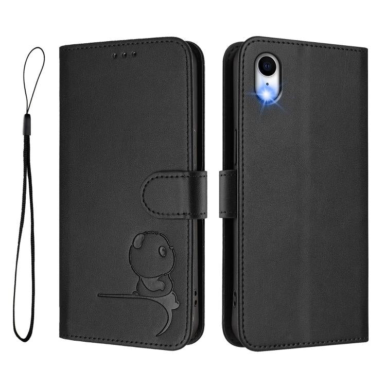 For iPhone XR Litter Panda Embossing RFID Leather Phone Case with Lanyard