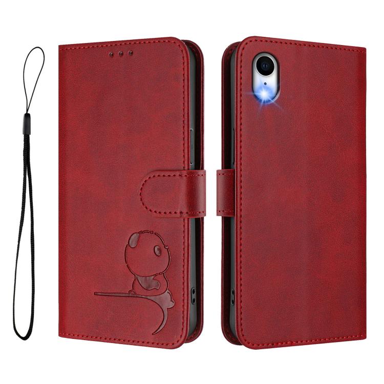 For iPhone XR Litter Panda Embossing RFID Leather Phone Case with Lanyard