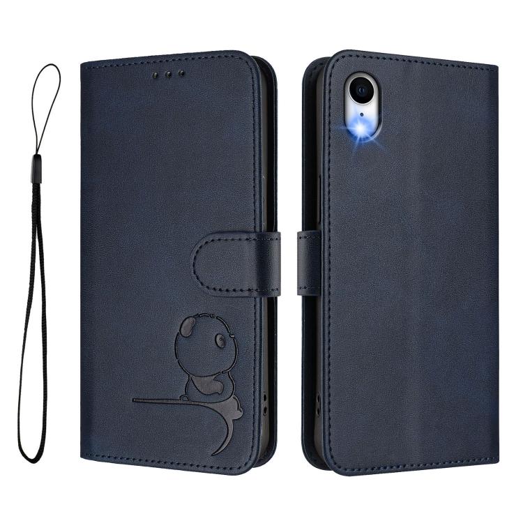 For iPhone XR Litter Panda Embossing RFID Leather Phone Case with Lanyard
