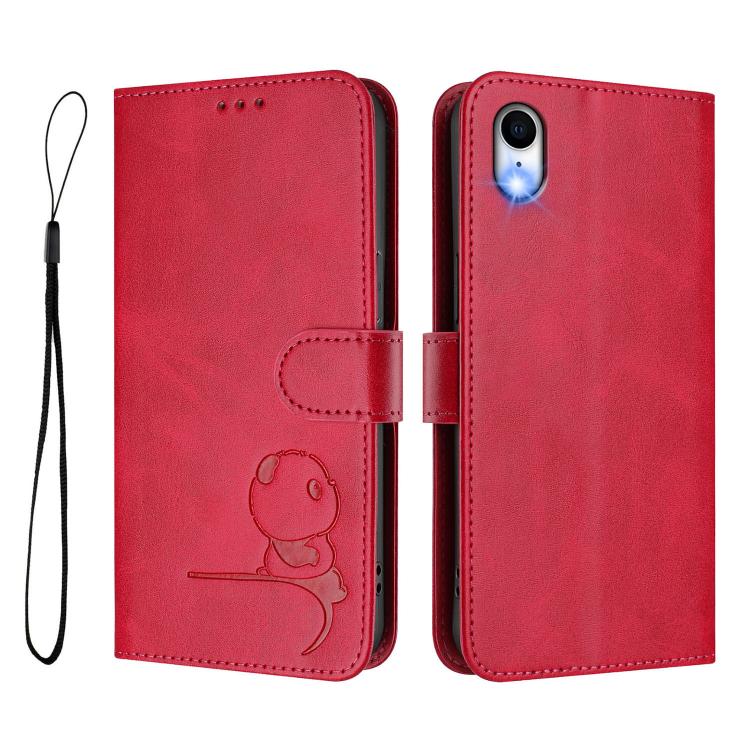For iPhone XR Litter Panda Embossing RFID Leather Phone Case with Lanyard
