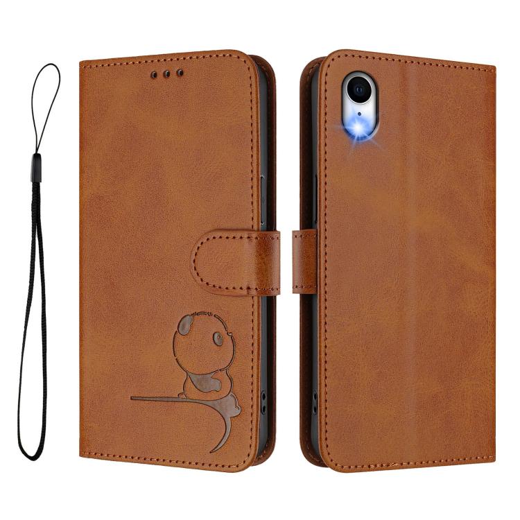 For iPhone XR Litter Panda Embossing RFID Leather Phone Case with Lanyard