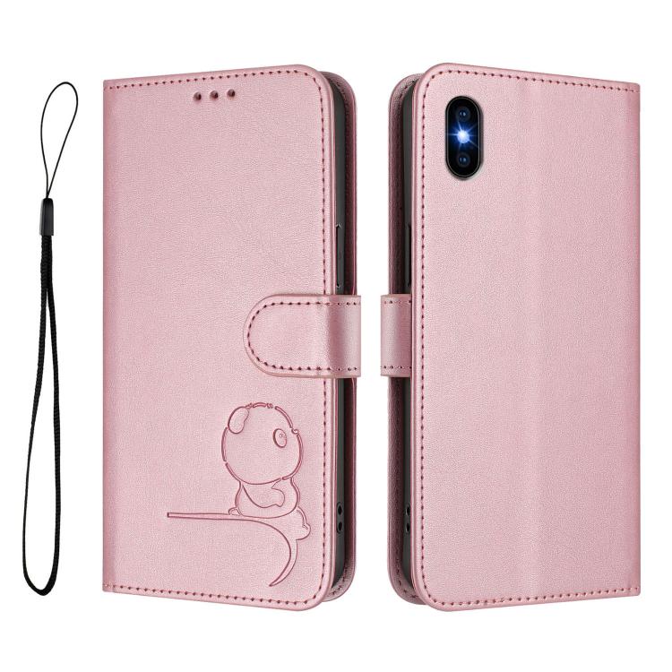 For iPhone XS Max Litter Panda Embossing RFID Leather Phone Case with Lanyard