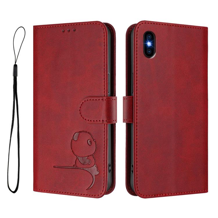 For iPhone XS Max Litter Panda Embossing RFID Leather Phone Case with Lanyard