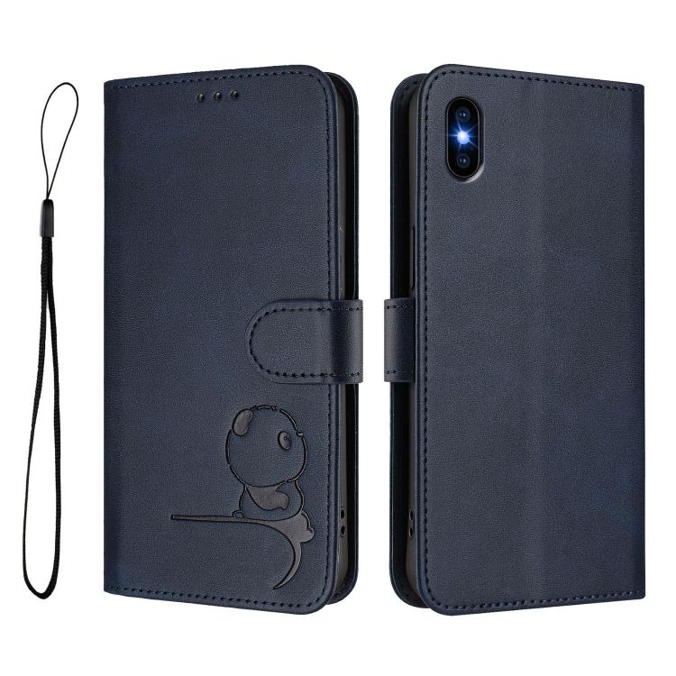 For iPhone XS Max Litter Panda Embossing RFID Leather Phone Case with Lanyard