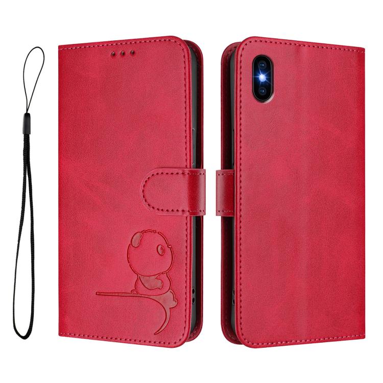 For iPhone XS Max Litter Panda Embossing RFID Leather Phone Case with Lanyard
