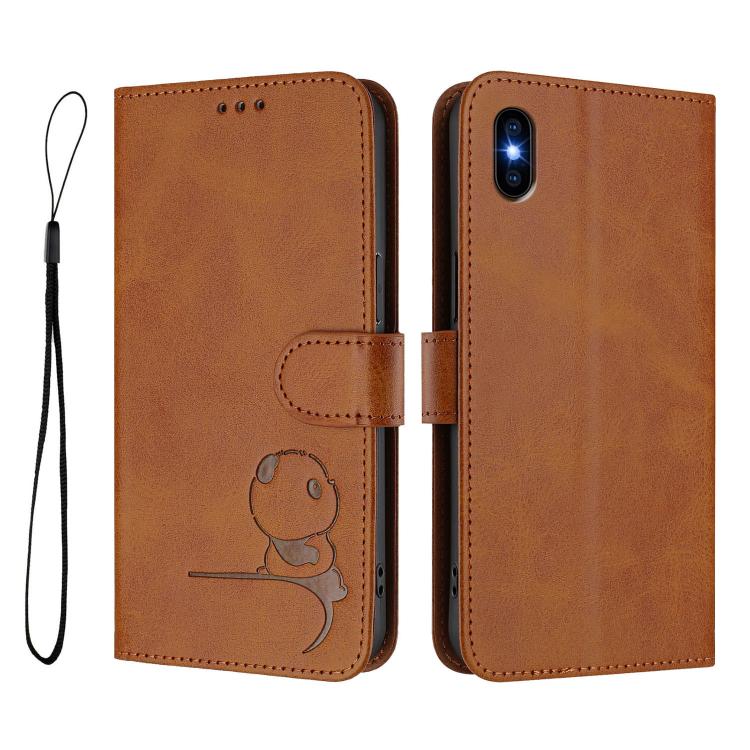 For iPhone XS Max Litter Panda Embossing RFID Leather Phone Case with Lanyard