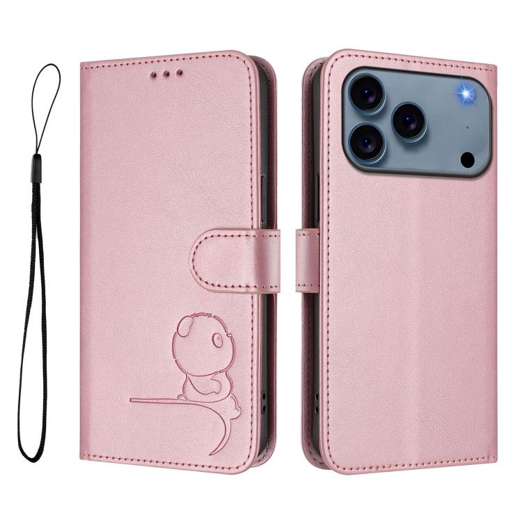 For iPhone 17 Pro Max Litter Panda Embossing RFID Leather Phone Case with Lanyard