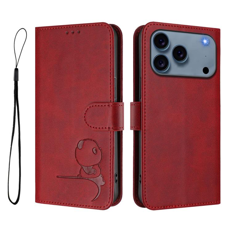 For iPhone 17 Pro Max Litter Panda Embossing RFID Leather Phone Case with Lanyard
