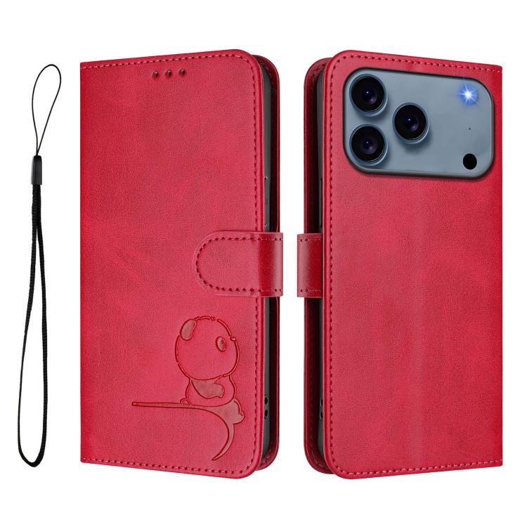 For iPhone 17 Pro Max Litter Panda Embossing RFID Leather Phone Case with Lanyard