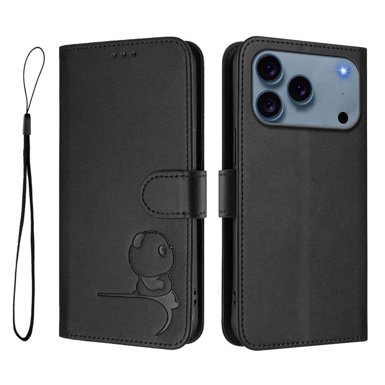 For iPhone 17 Pro Litter Panda Embossing RFID Leather Phone Case with Lanyard