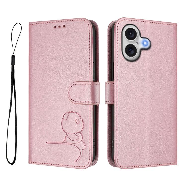 For iPhone 17 Litter Panda Embossing RFID Leather Phone Case with Lanyard