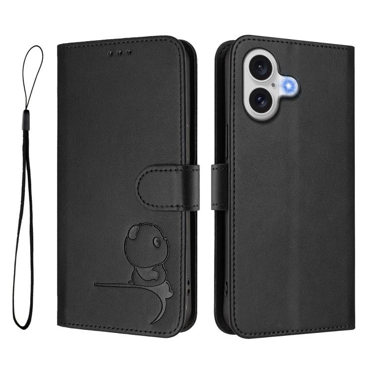 For iPhone 17 Litter Panda Embossing RFID Leather Phone Case with Lanyard