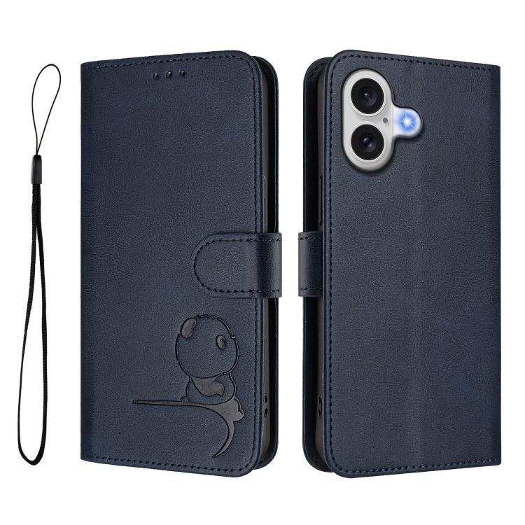 For iPhone 17 Litter Panda Embossing RFID Leather Phone Case with Lanyard