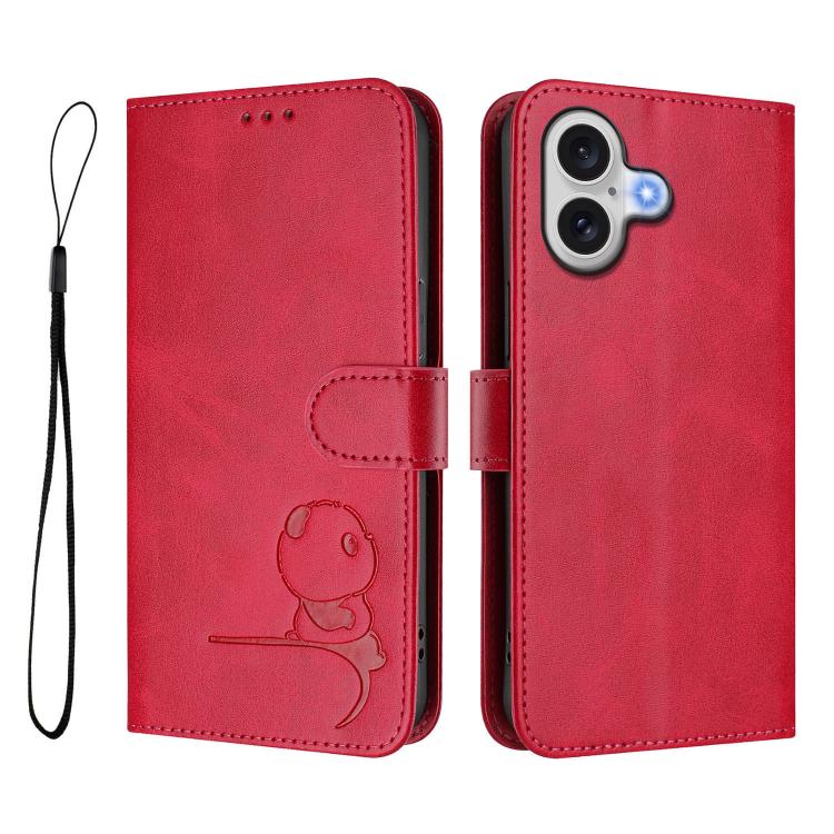 For iPhone 17 Litter Panda Embossing RFID Leather Phone Case with Lanyard