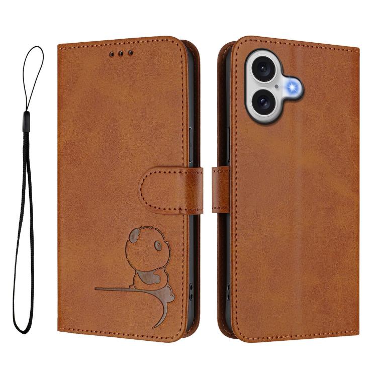 For iPhone 17 Litter Panda Embossing RFID Leather Phone Case with Lanyard
