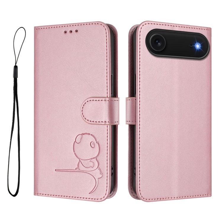 For iPhone Air Litter Panda Embossing RFID Leather Phone Case with Lanyard