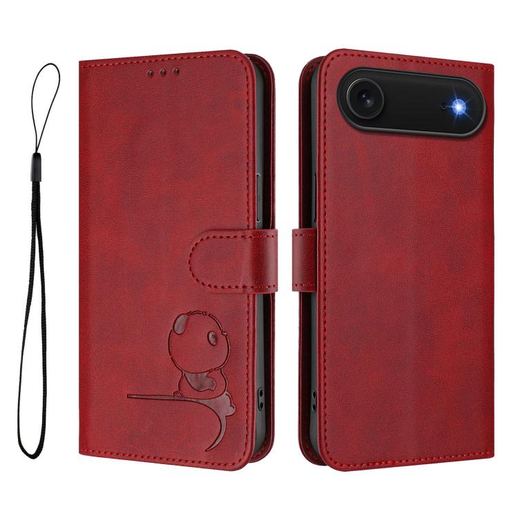 For iPhone Air Litter Panda Embossing RFID Leather Phone Case with Lanyard