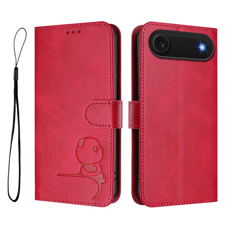 For iPhone Air Litter Panda Embossing RFID Leather Phone Case with Lanyard