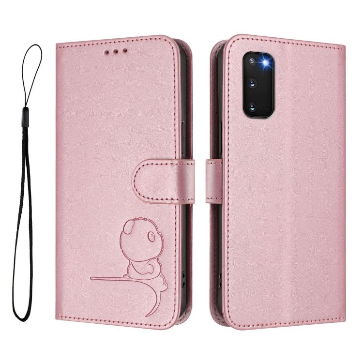 For Samsung Galaxy S20 FE Litter Panda Embossing RFID Leather Phone Case with Lanyard