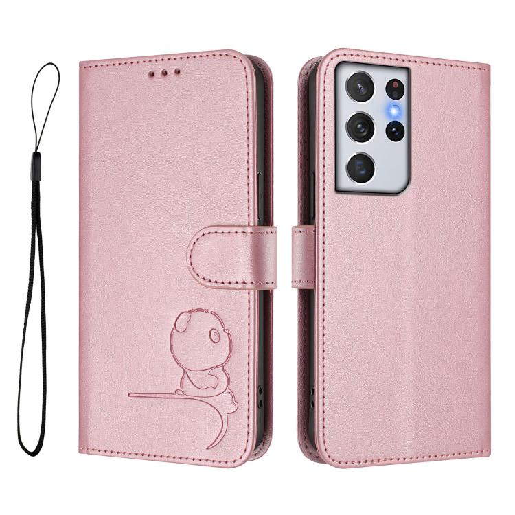 For Samsung Galaxy S21 Ultra 5G Litter Panda Embossing RFID Leather Phone Case with Lanyard