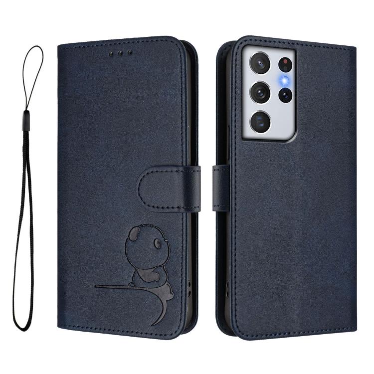 For Samsung Galaxy S21 Ultra 5G Litter Panda Embossing RFID Leather Phone Case with Lanyard