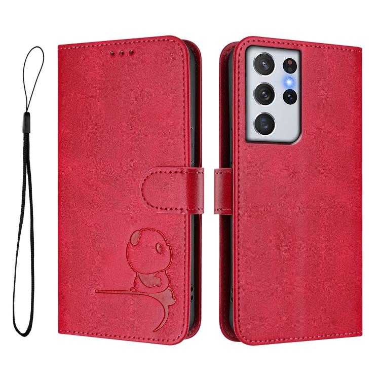For Samsung Galaxy S21 Ultra 5G Litter Panda Embossing RFID Leather Phone Case with Lanyard