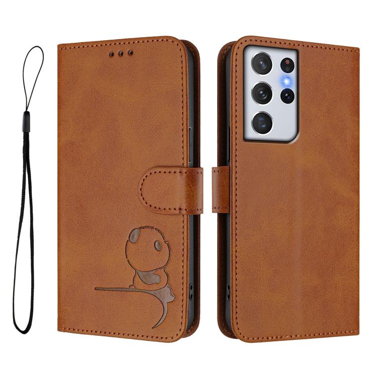 For Samsung Galaxy S21 Ultra 5G Litter Panda Embossing RFID Leather Phone Case with Lanyard