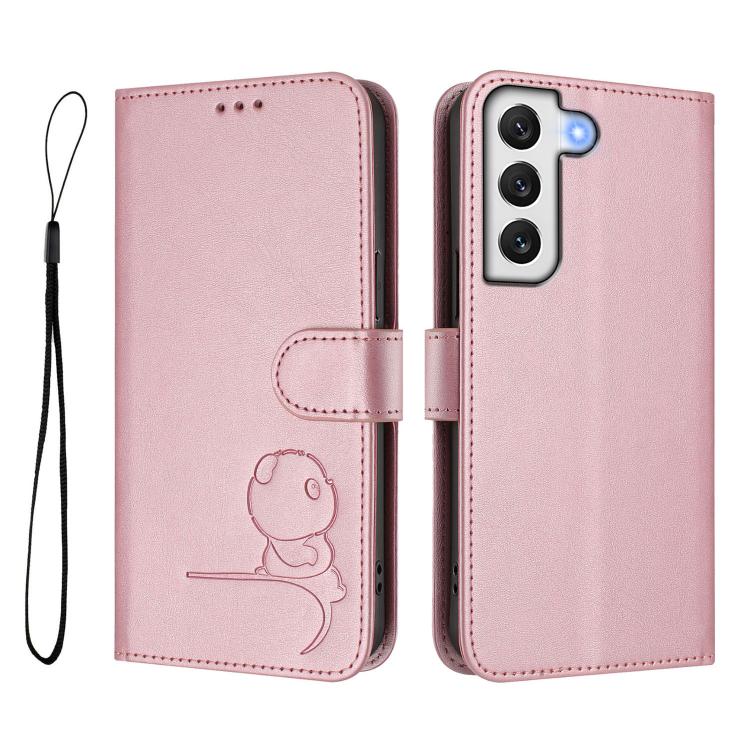 For Samsung Galaxy S22 5G Litter Panda Embossing RFID Leather Phone Case with Lanyard