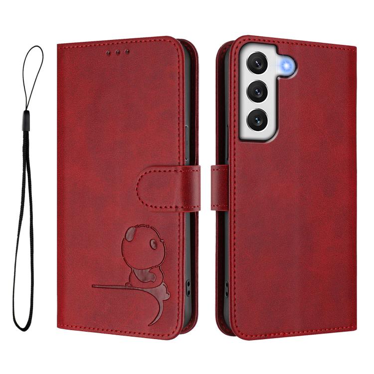For Samsung Galaxy S22 5G Litter Panda Embossing RFID Leather Phone Case with Lanyard