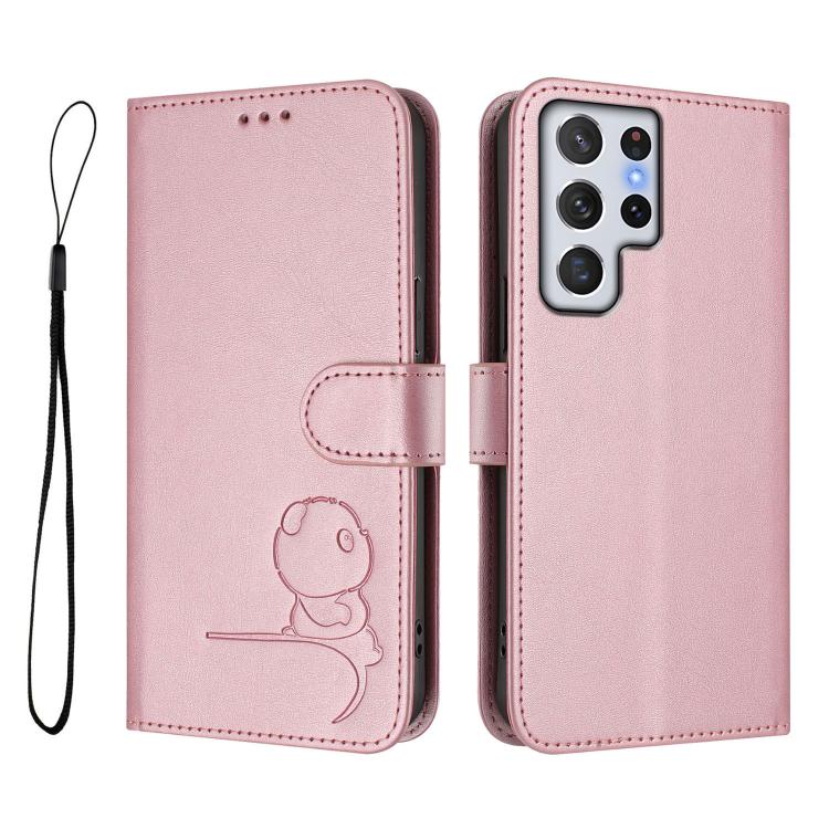 For Samsung Galaxy S22 Ultra 5G Litter Panda Embossing RFID Leather Phone Case with Lanyard