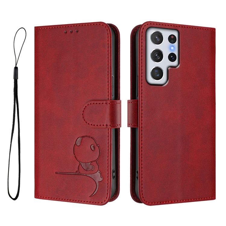 For Samsung Galaxy S22 Ultra 5G Litter Panda Embossing RFID Leather Phone Case with Lanyard