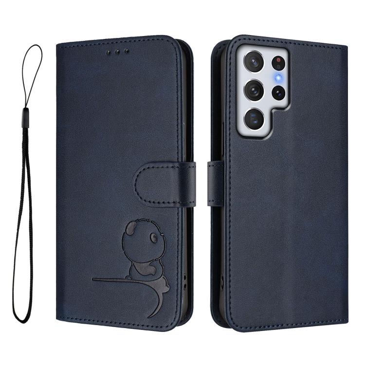 For Samsung Galaxy S22 Ultra 5G Litter Panda Embossing RFID Leather Phone Case with Lanyard