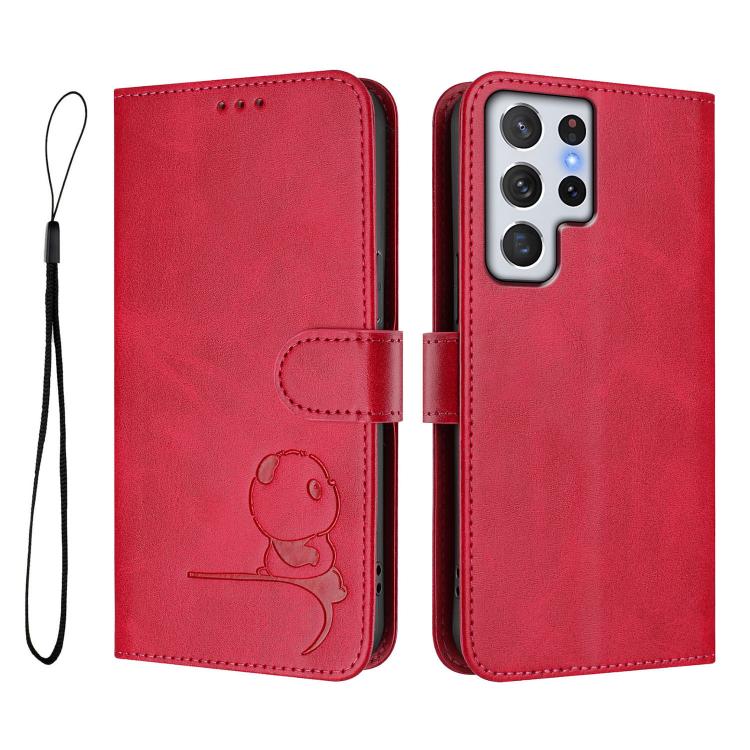 For Samsung Galaxy S22 Ultra 5G Litter Panda Embossing RFID Leather Phone Case with Lanyard