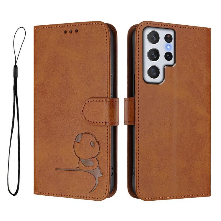 For Samsung Galaxy S22 Ultra 5G Litter Panda Embossing RFID Leather Phone Case with Lanyard