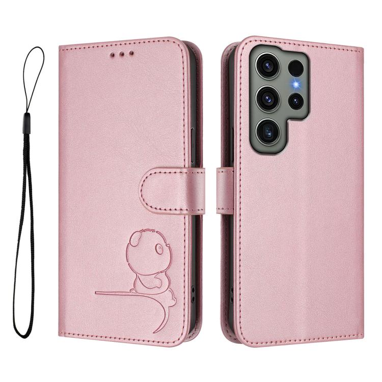 For Samsung Galaxy S23 Ultra 5G Litter Panda Embossing RFID Leather Phone Case with Lanyard