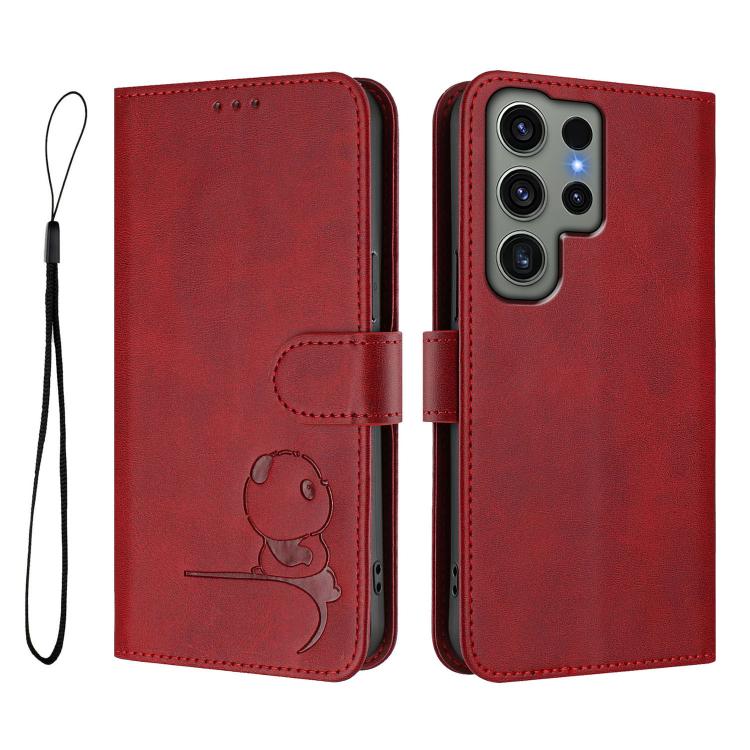 For Samsung Galaxy S23 Ultra 5G Litter Panda Embossing RFID Leather Phone Case with Lanyard