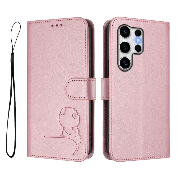 For Samsung Galaxy S25 Ultra 5G Litter Panda Embossing RFID Leather Phone Case with Lanyard