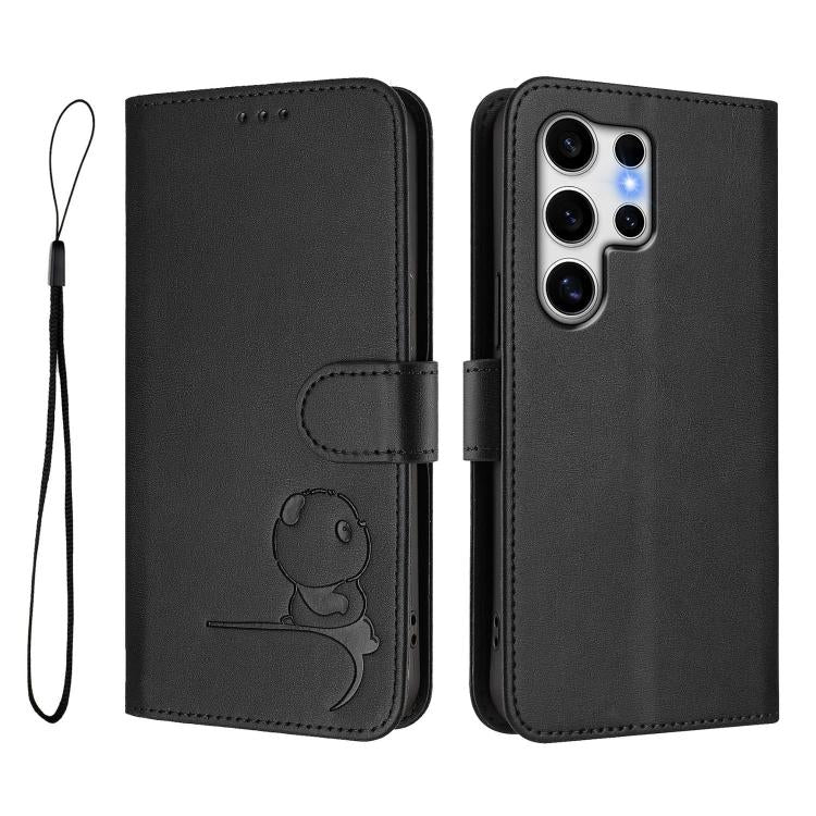 For Samsung Galaxy S25 Ultra 5G Litter Panda Embossing RFID Leather Phone Case with Lanyard