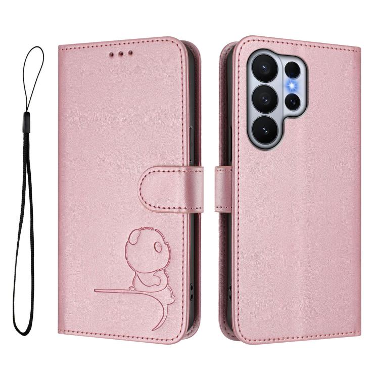 For Samsung Galaxy S26 Ultra 5G Litter Panda Embossing RFID Leather Phone Case with Lanyard