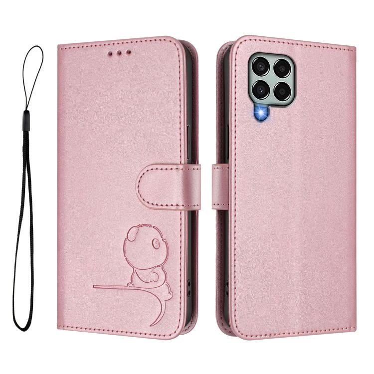For Samsung Galaxy M33 5G Litter Panda Embossing RFID Leather Phone Case with Lanyard