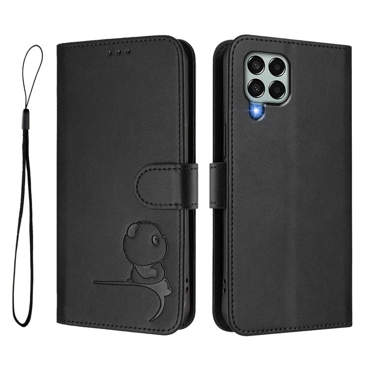 For Samsung Galaxy M33 5G Litter Panda Embossing RFID Leather Phone Case with Lanyard