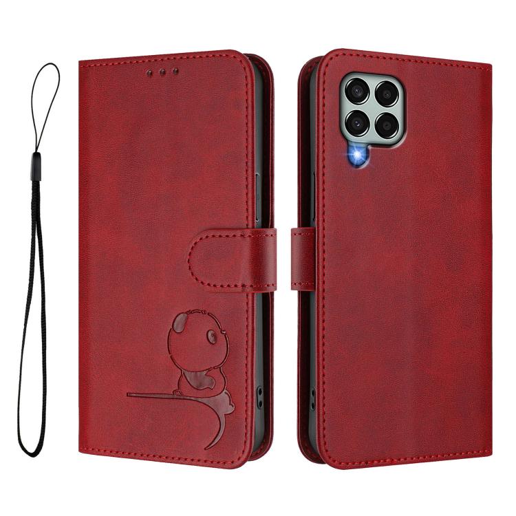 For Samsung Galaxy M33 5G Litter Panda Embossing RFID Leather Phone Case with Lanyard