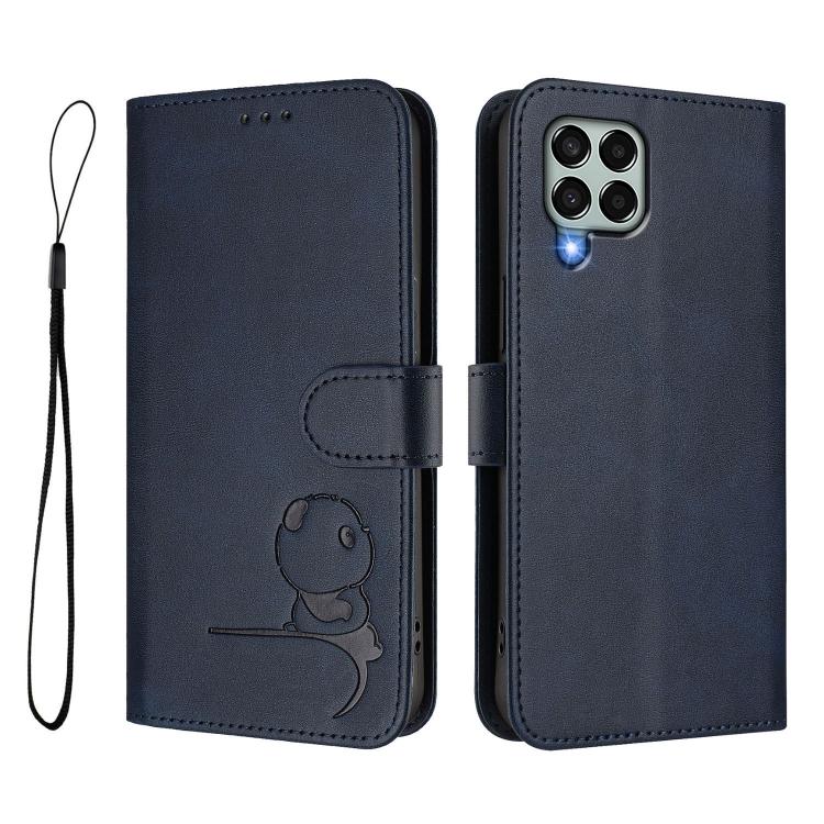 For Samsung Galaxy M33 5G Litter Panda Embossing RFID Leather Phone Case with Lanyard