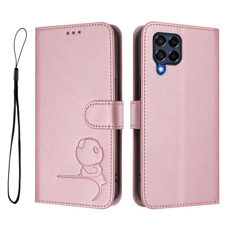 For Samsung Galaxy M53 5G Litter Panda Embossing RFID Leather Phone Case with Lanyard