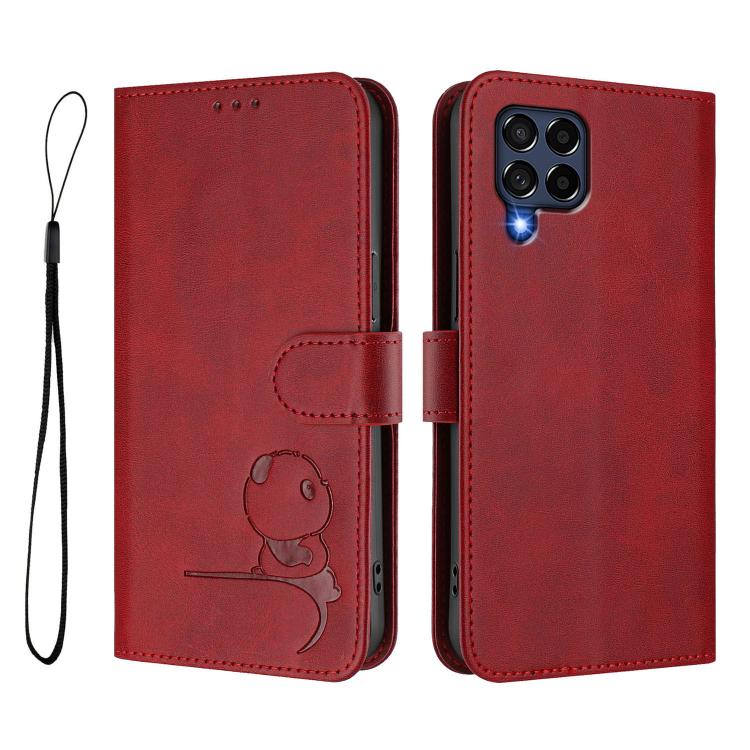 For Samsung Galaxy M53 5G Litter Panda Embossing RFID Leather Phone Case with Lanyard