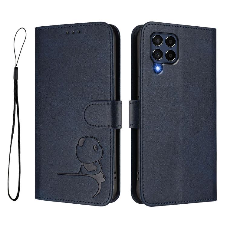 For Samsung Galaxy M53 5G Litter Panda Embossing RFID Leather Phone Case with Lanyard
