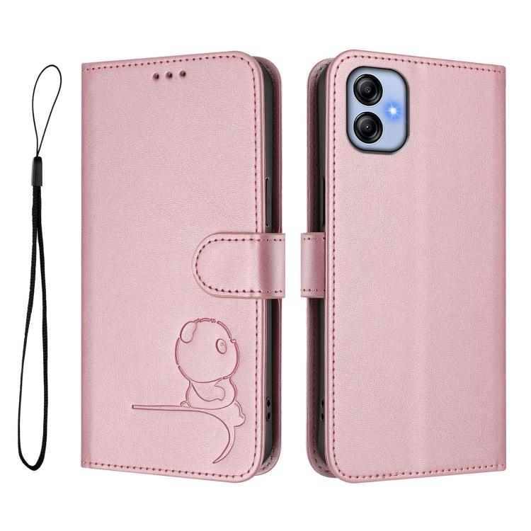 For Samsung Galaxy A04e / F04 / M04 Litter Panda Embossing RFID Leather Phone Case with Lanyard