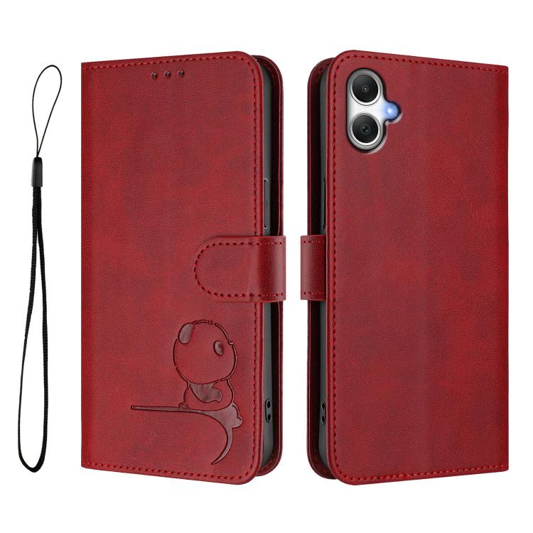 For Samsung Galaxy A05 / M05 / F05 Litter Panda Embossing RFID Leather Phone Case with Lanyard